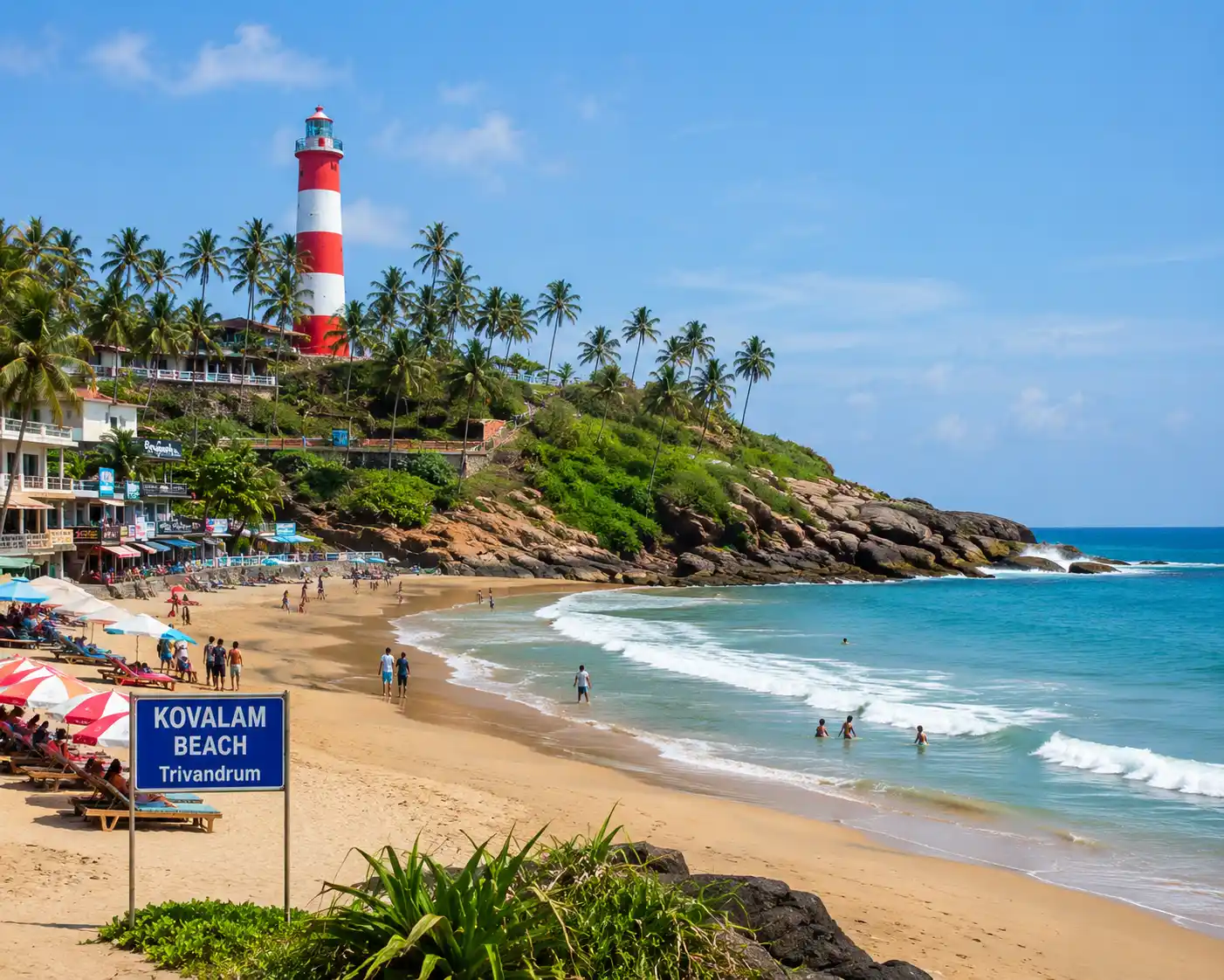 Kovalam Beach lighthouse view on an Altima Cabs day tour from Trivandrum