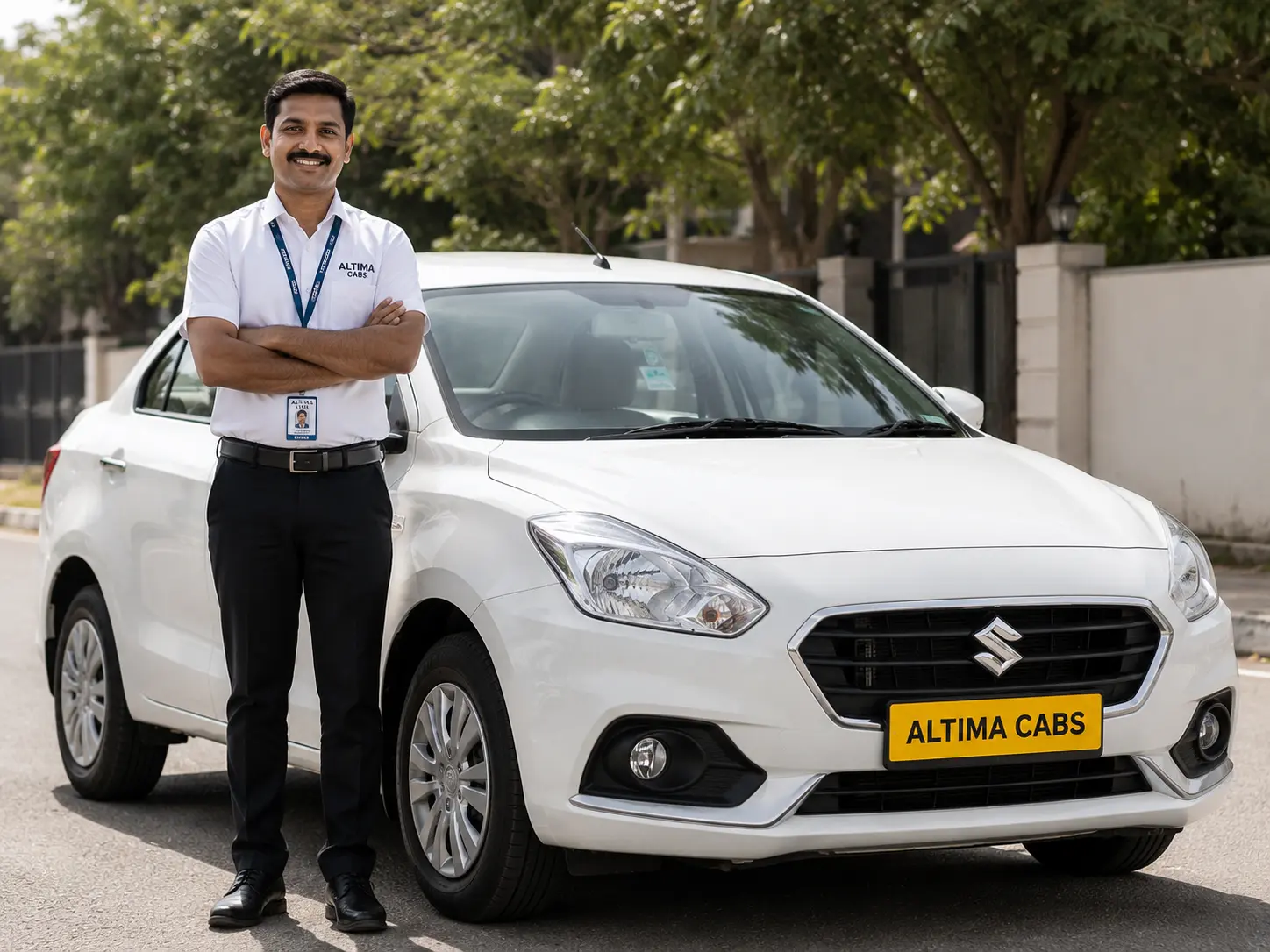 Verified Altima Cabs driver standing beside a sanitised sedan in Trivandrum