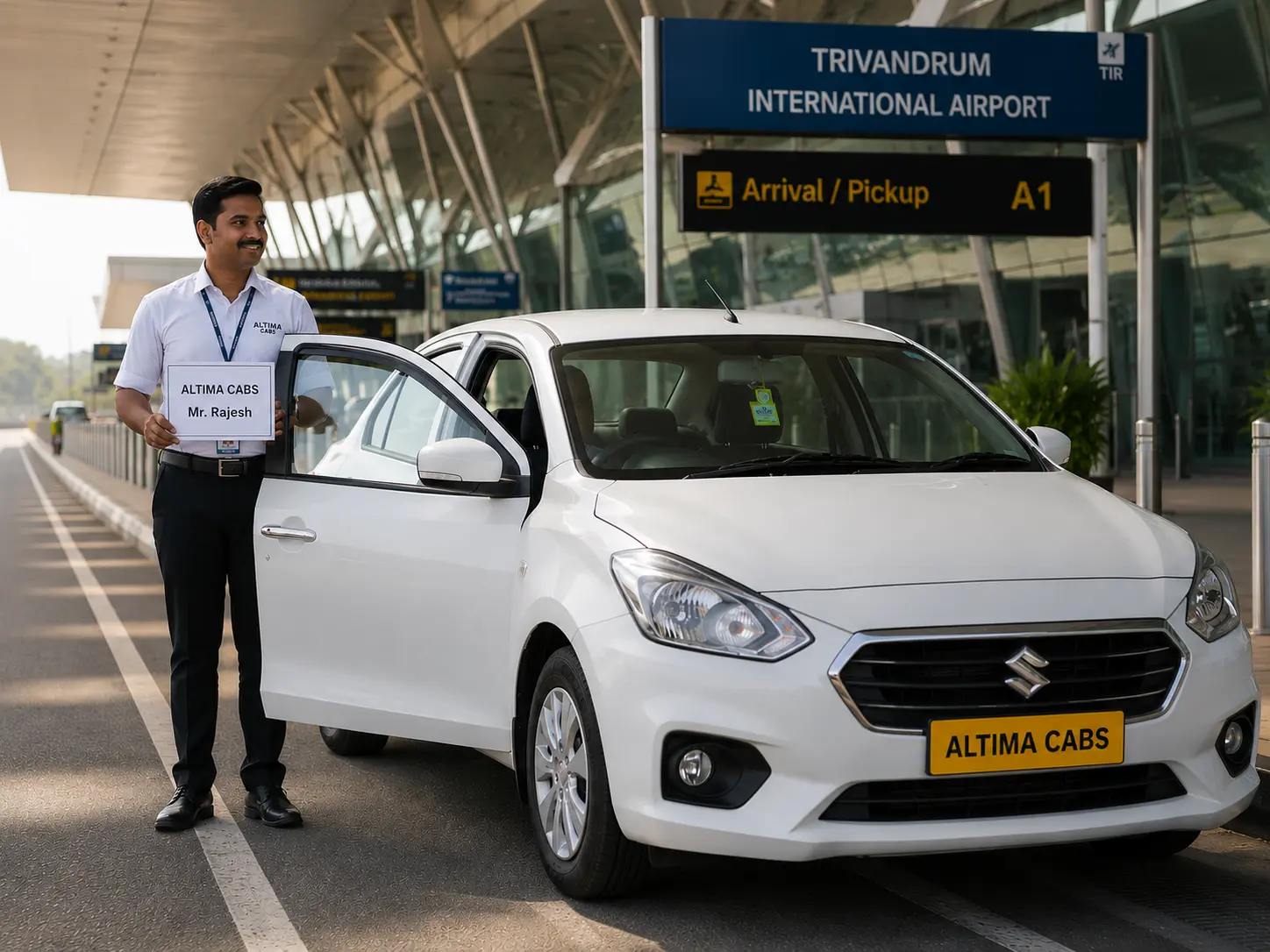 Altima Cabs sedan parked at Trivandrum International Airport pickup point