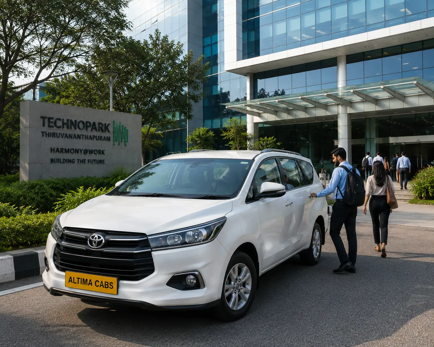Altima Cabs corporate employee transport SUV outside a Technopark office
