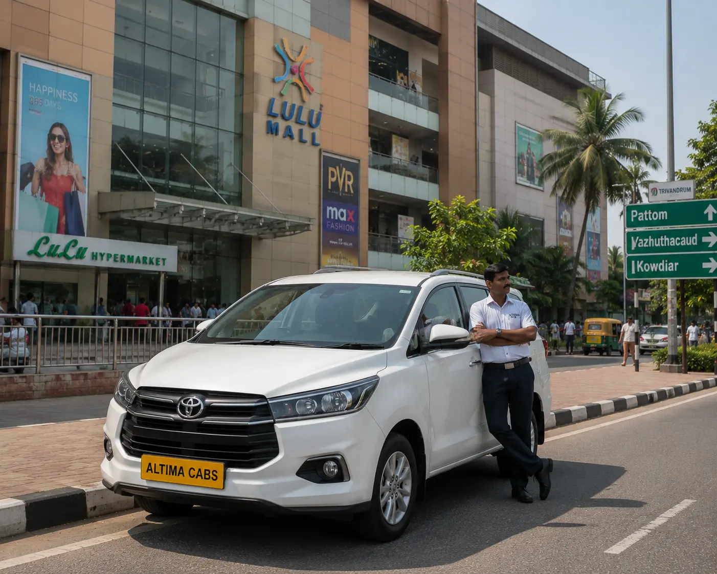 Altima Cabs hourly rental car waiting outside a Trivandrum shopping visit