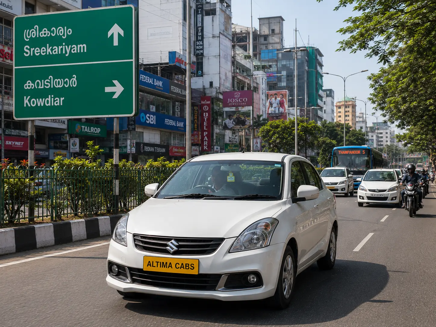 Altima Cabs local taxi driving through Trivandrum city near Sreekaryam