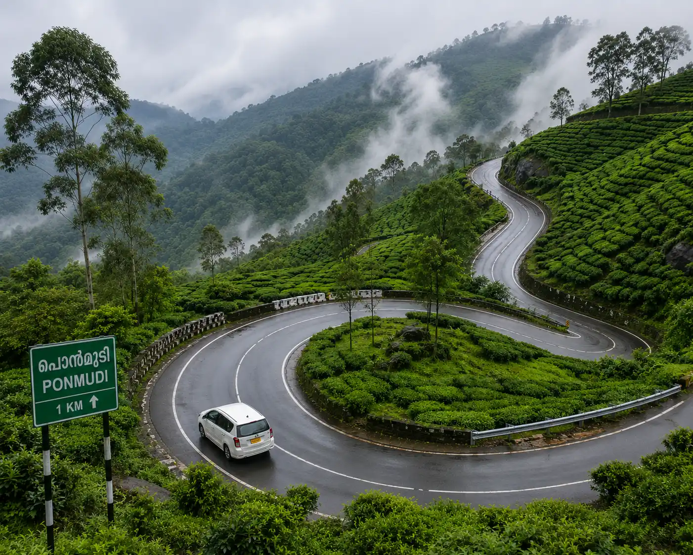 Ponmudi hill station winding road on an Altima Cabs day tour from Trivandrum