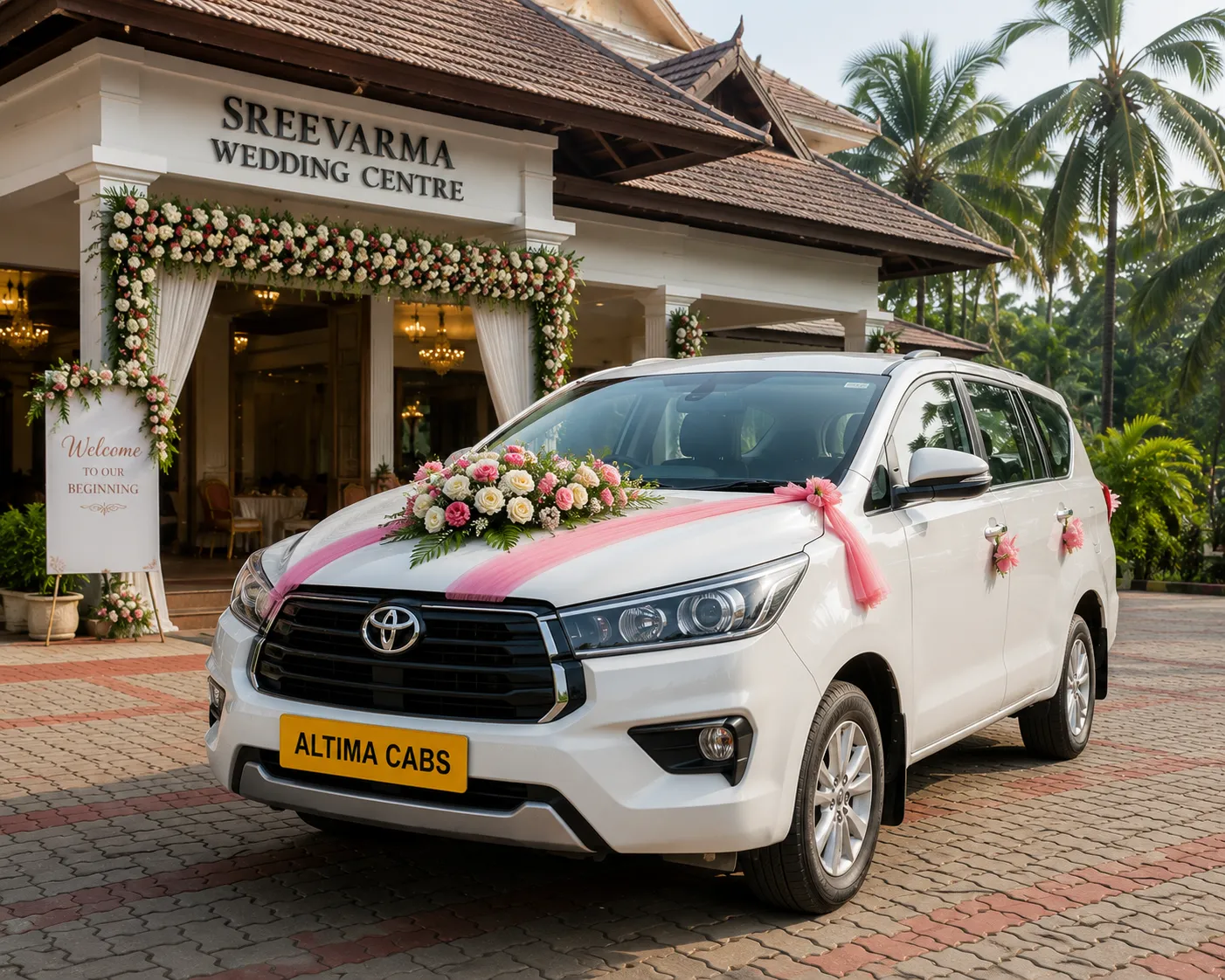 Decorated Altima Cabs wedding car ready for a Trivandrum wedding